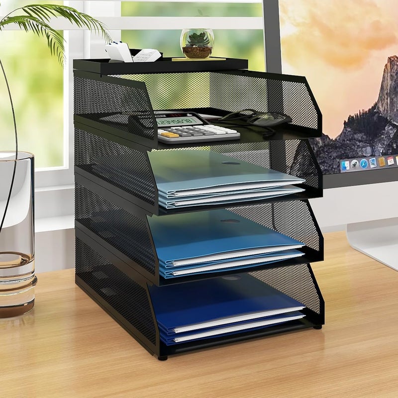 Natwind 4-Tier Desk Organizer,Stackable Paper Tray, Desk Accessories,Metal Mesh Desktop Organizer, Paper Sorter, Letter Trays,File Document Storage Rack for for Home, Office, School (Black) - Image 1